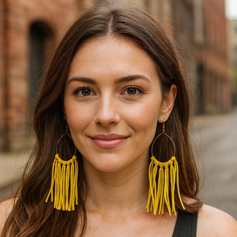 Yellow Fringe Leather Hoop Earrings Handmade